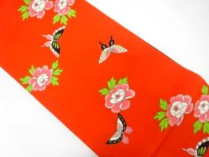 アンティーク　縮緬地　蝶に牡丹模様全通袋帯（材料）